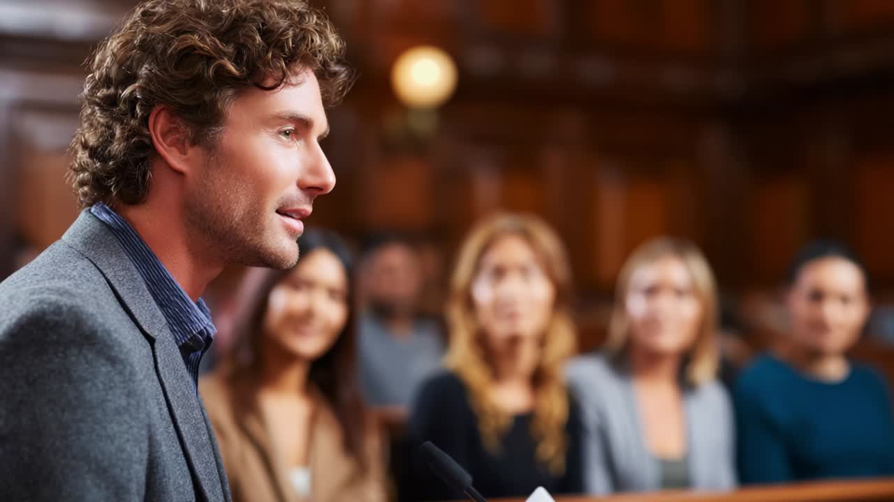 Un oratore carismatico si rivolge a un pubblico affascinato in un'aula di tribunale, interagendo chiaramente con i giurati mentre espone il suo caso, mostrando la profondità dell'espressione e l'importanza della comunicazione in un contesto legale
