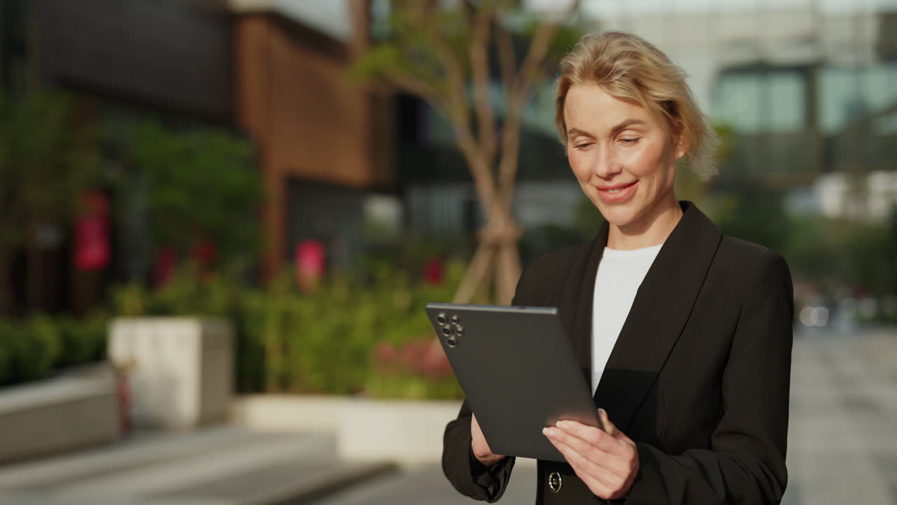 Donna d'affari con un tablet in città