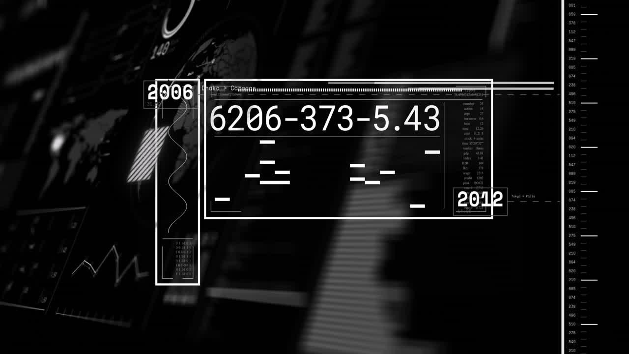 animación de la interfaz con el procesamiento de datos y el globo giratorio contra un fondo negro