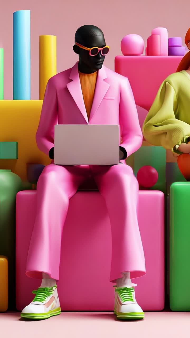 Stylishly Dressed Figure in Pink Suit Using Laptop Surrounded by Colorful Geometric Shapes and Fun Retro Elements in a Creative Minimalistic Setting
