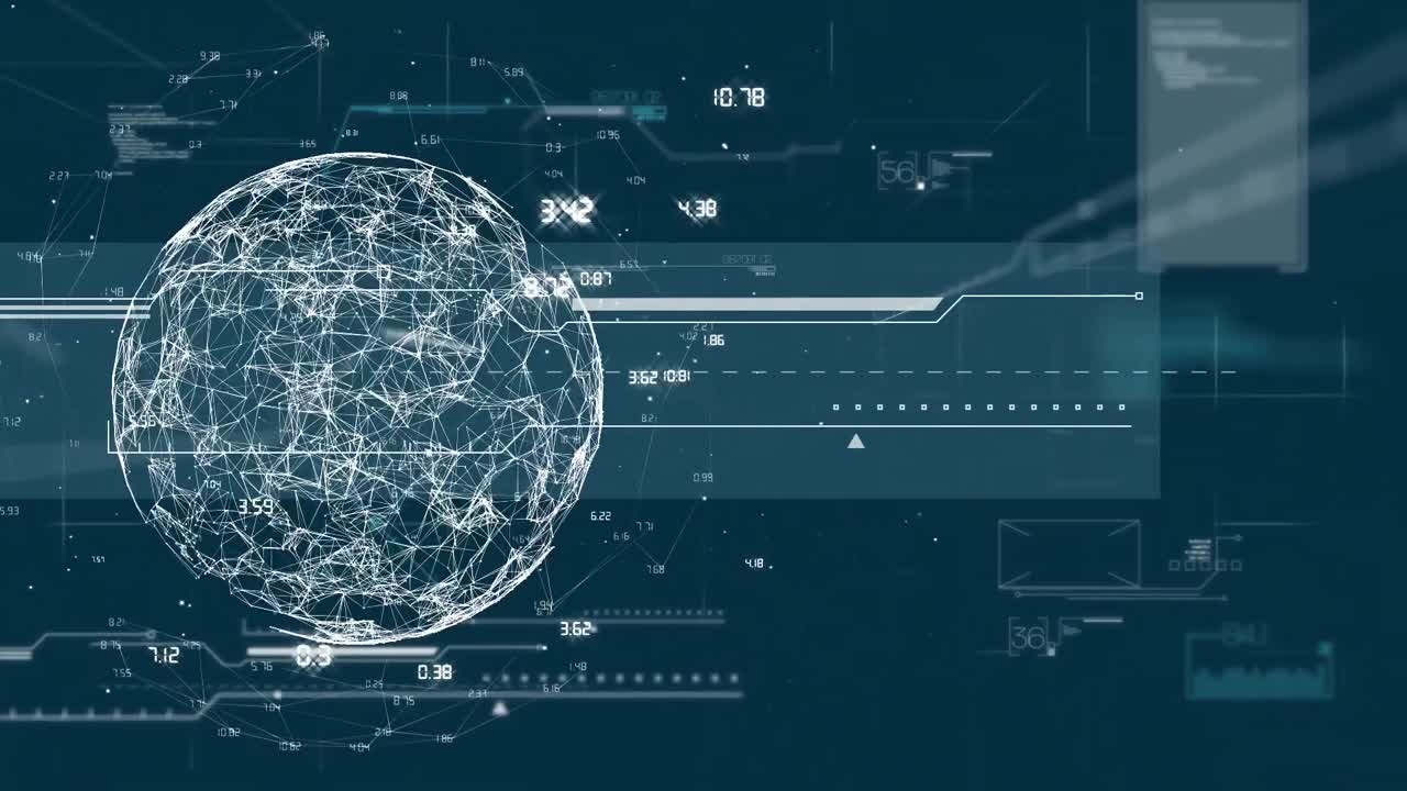 Animation of globe with network of connections data processing over dark background