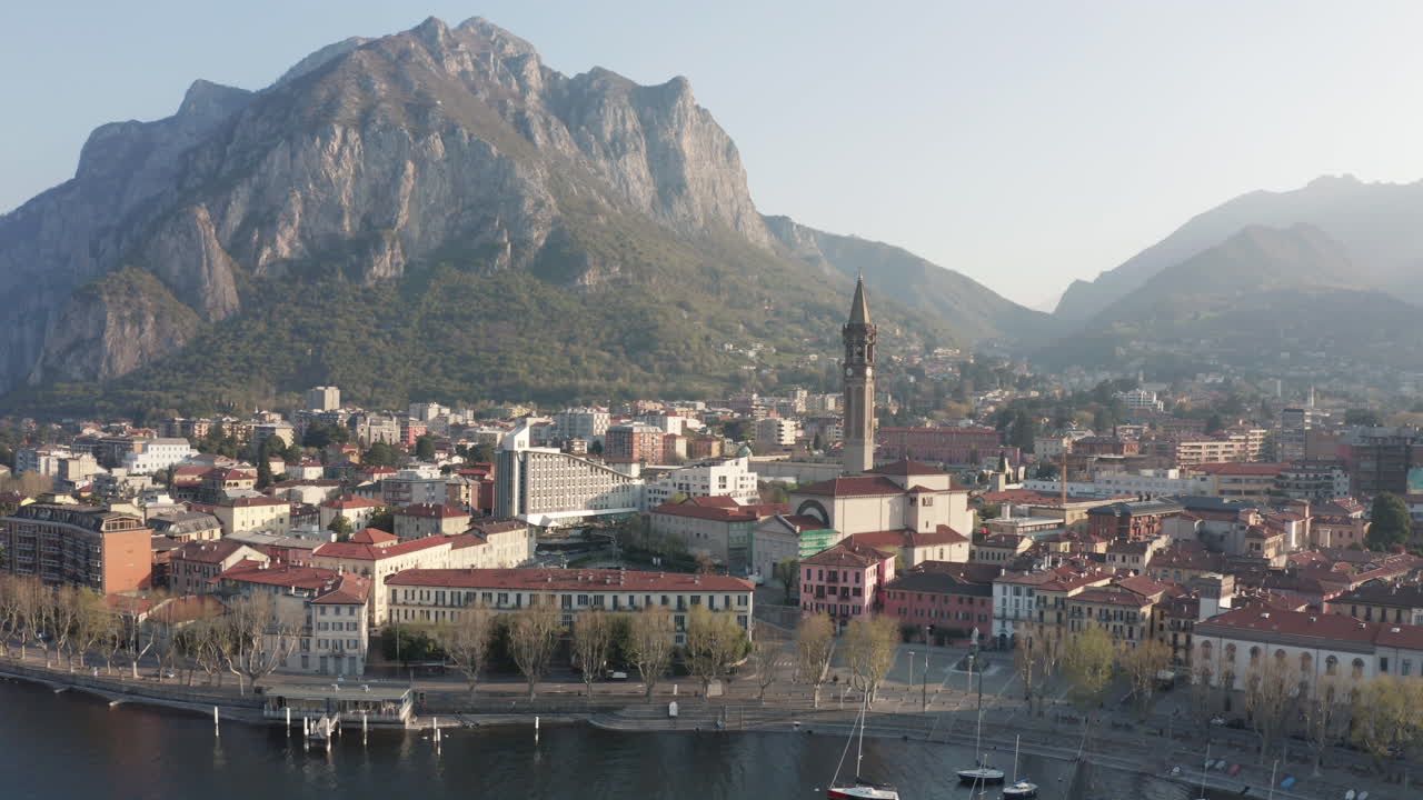 Drone View of Lecco, on Lake Como, at Sunrise