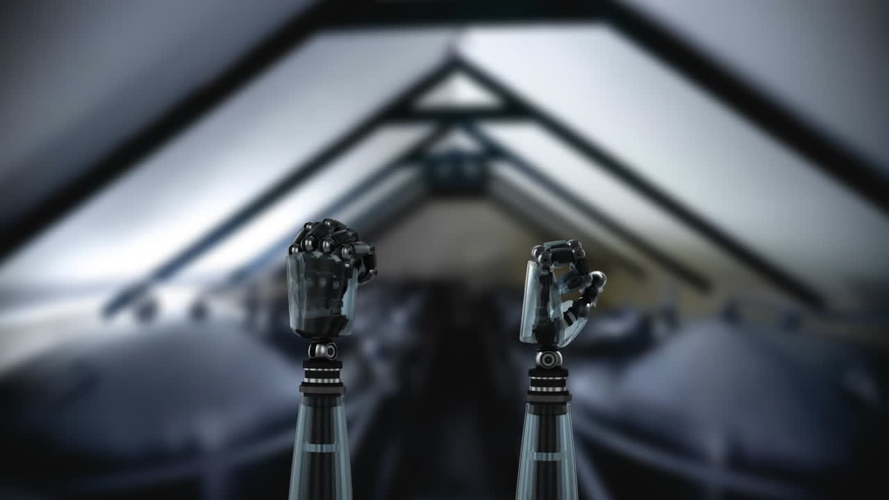 mani di robot e sfocato sfondo industriale