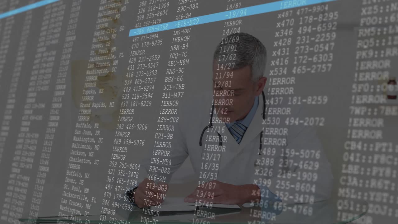 Doctor reviewing data jotting notes while error overlay scrolling indicating medical data analysis