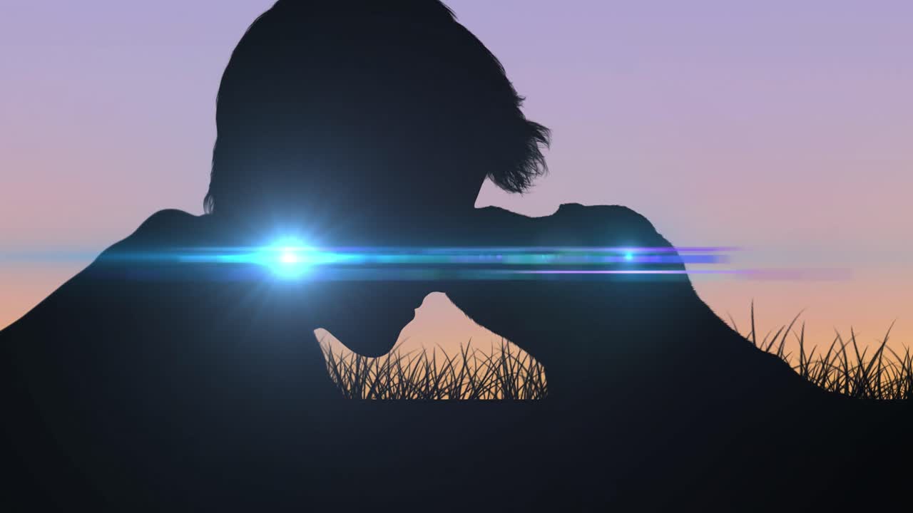 파란색에서 보라색 바탕에 폭발하는 보라색 빛의 흔적의 디지털 애니메이션