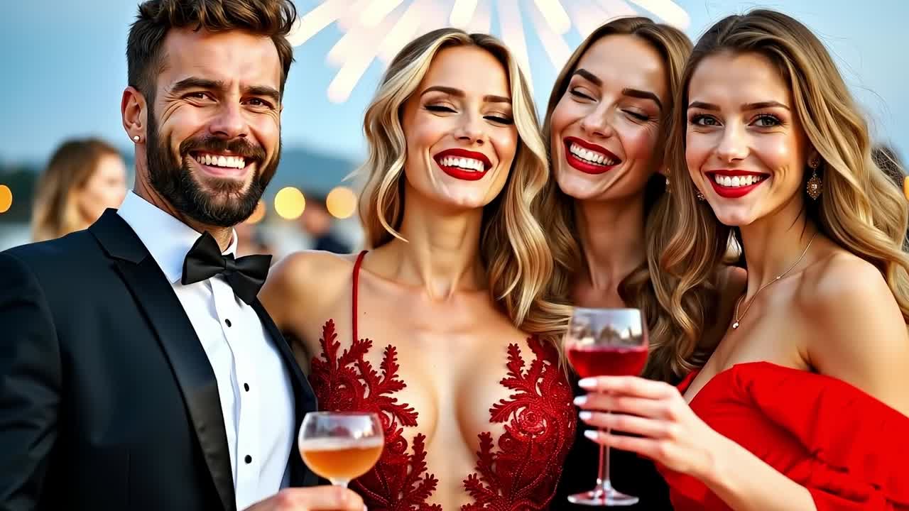 A group of people in formal wear holding wine glasses