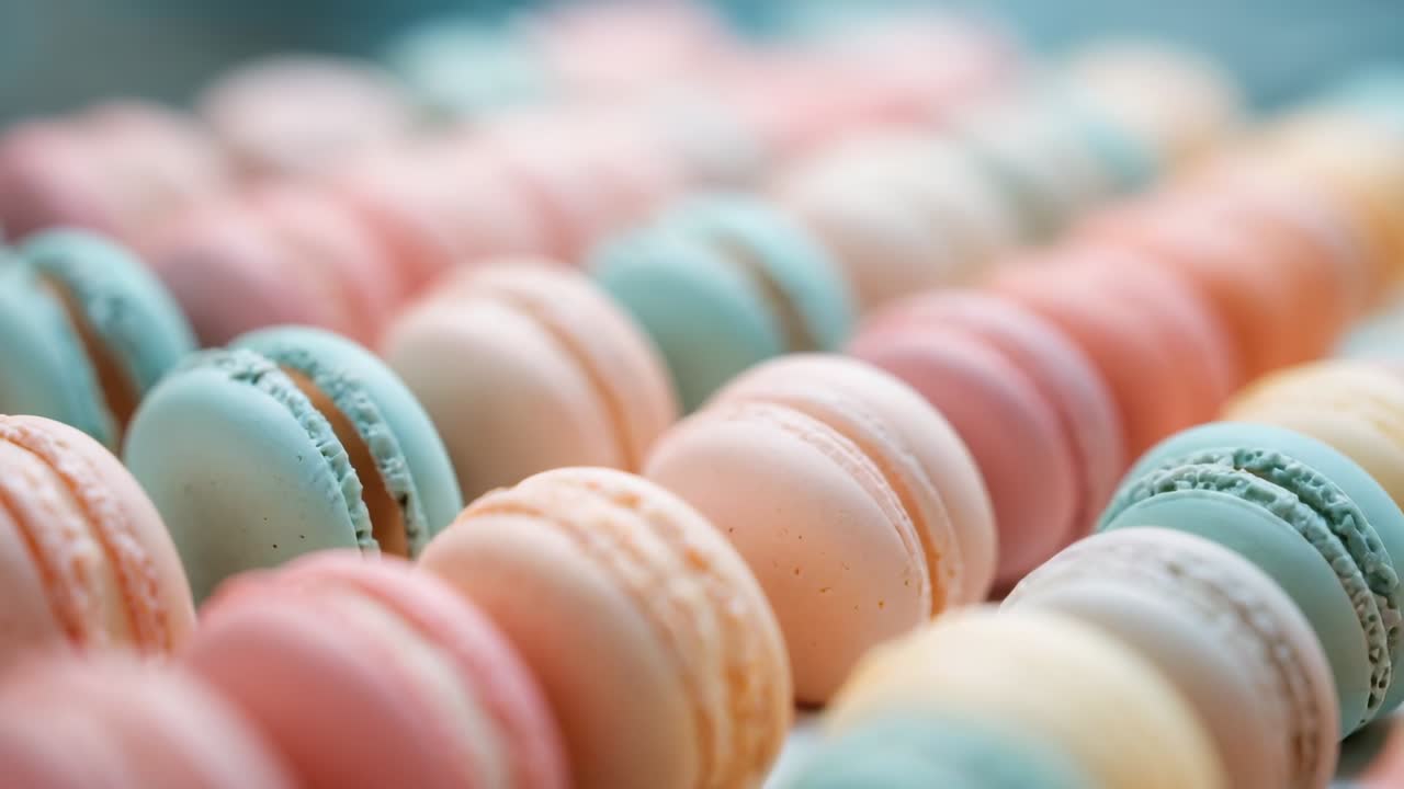 Panning camera shifting focus across pastel macarons in diagonal display on pastel counter