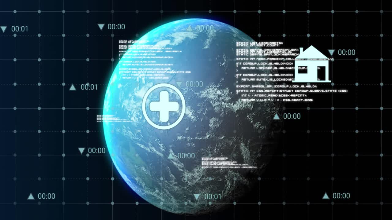 검은색 배경에 전 세계에 대한 데이터 처리 및 아이콘의 애니메이션