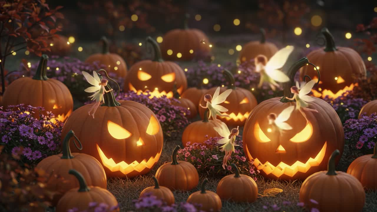 Magical Halloween Scene with Enchanted Pumpkins and Fairies Illuminating a Magical Garden at Dusk, Creating an Atmosphere of Spooky Delight and Wonder