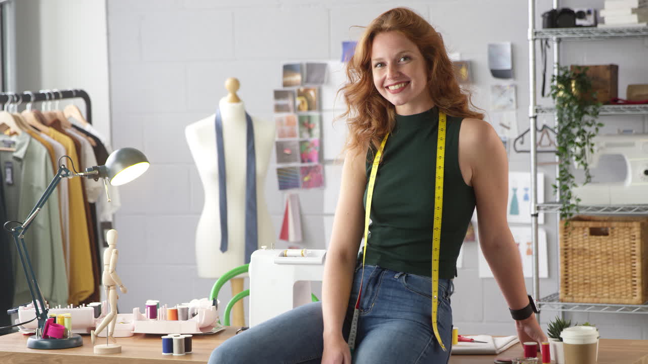 retrato de una estudiante o dueña de un negocio con una cinta métrica trabajando en la moda sentada en un escritorio