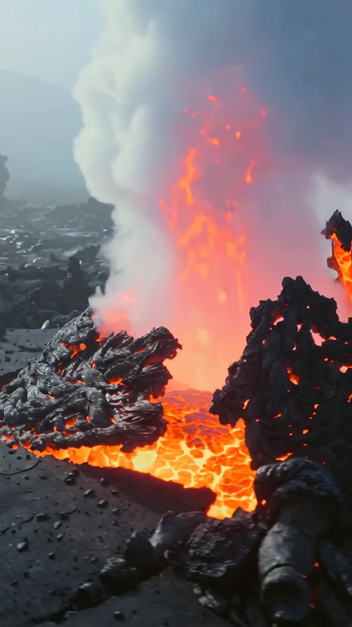 Video verticale: Magma in risalita che alimenta una bocca lavica che proietta una pozza in un getto incandescente sulla costa, pennacchio di vapore.