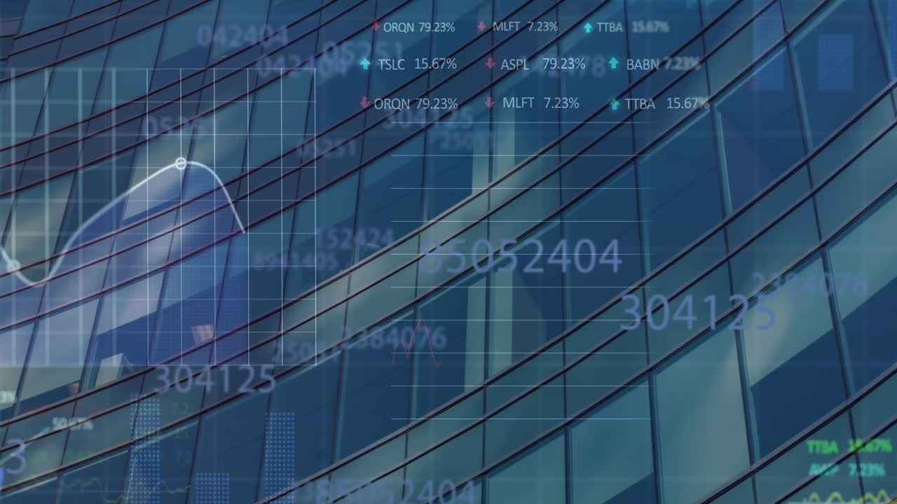 Animation of changing numbers, statistical and stock market data processing against tall building
