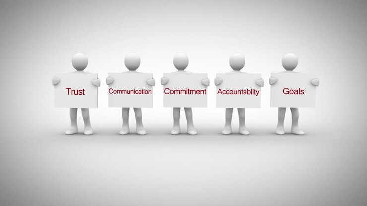 White characters showing signs saying business terms