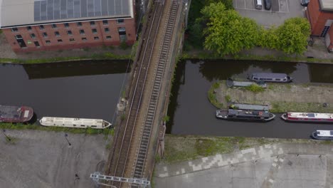 overhead drone shot panning across castlefield canals 03