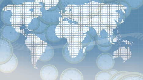 animation of world map over vintage clock moving fast and falling on blue background