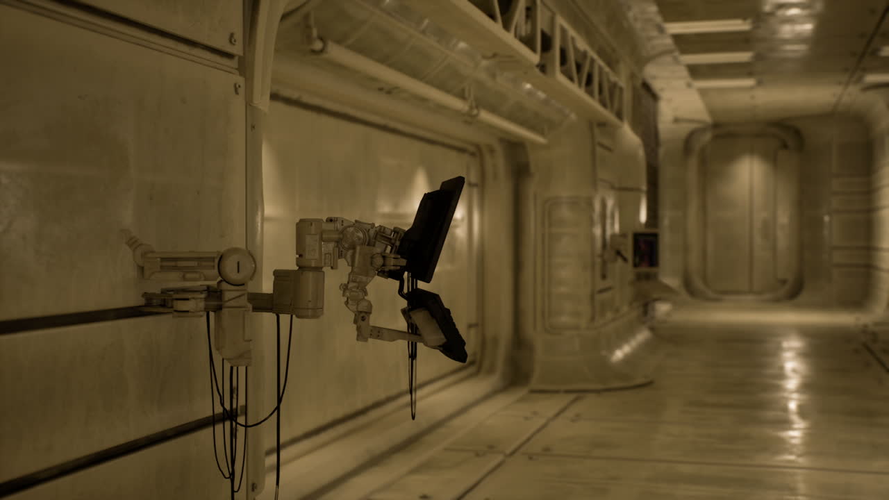 Futuristic robotic arm in a research laboratory corridor with muted lighting