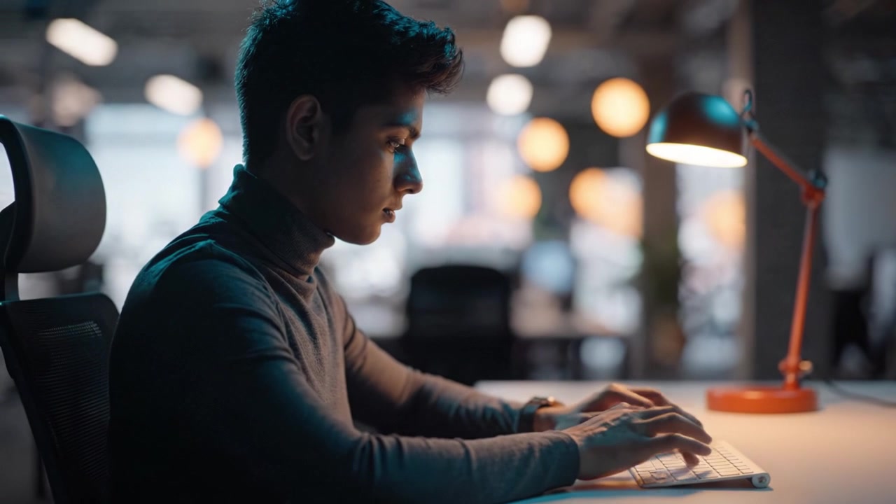 Individuo concentrato che lavora al computer in un ambiente d'ufficio moderno, illuminato da una lampada da scrivania, catturando l'essenza del lavoro a distanza e della produttività.
