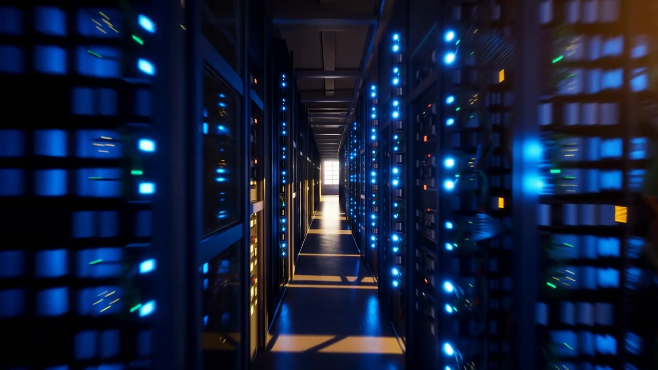 Narrow aisle inside a modern server room with tall rack cabinets on both sides, glowing blue indicator lights, reflective floor panels, and a bright opening
