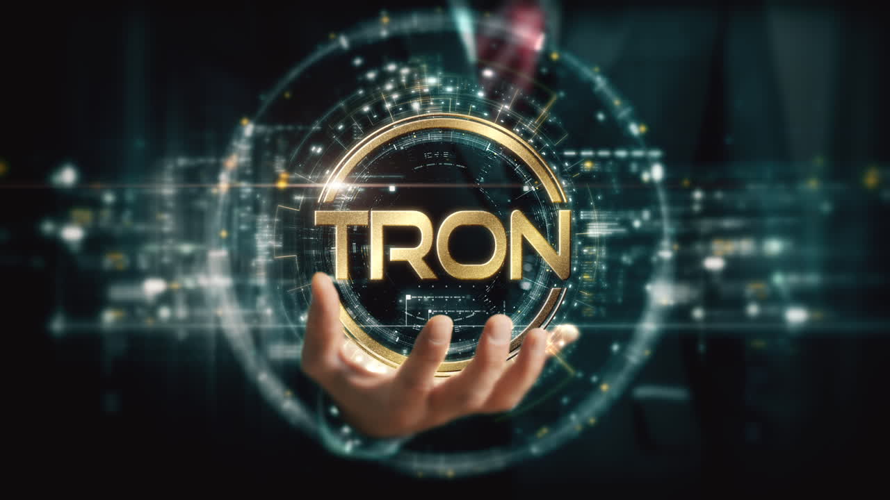A visionary businessman extends his hand, unveiling a vibrant futuristic holographic display showcasing global crypto trading, business analytics, stock exchanges, and market trends : TRON, TRX
