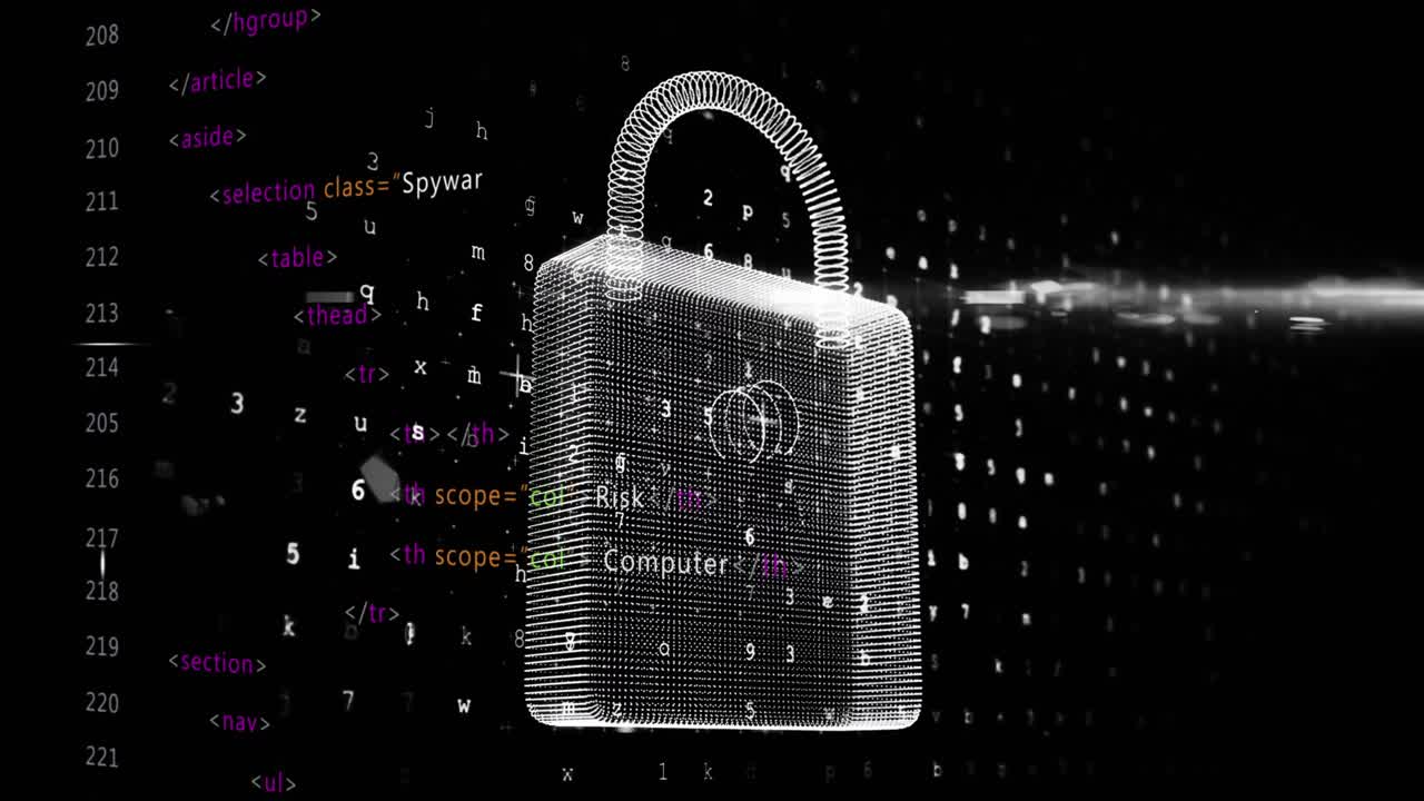 Animation of online security padlock, binary coding and data processing