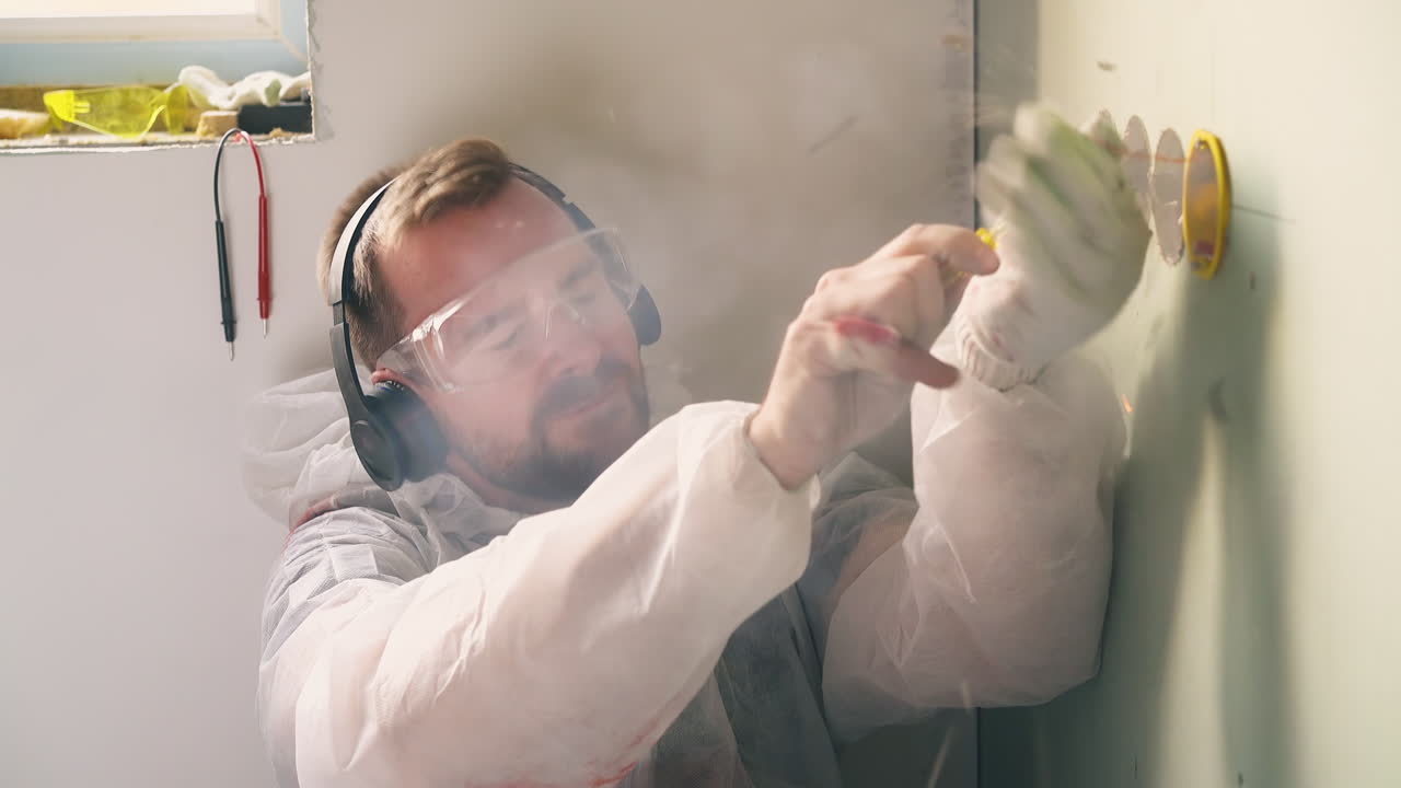 건설자는 방에서 플러그를 수리하는 강한 전기 충격을 받습니다.