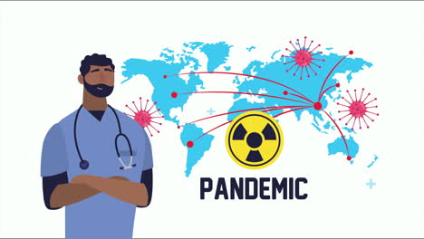 médico con partículas de covid-19 y el planeta tierra