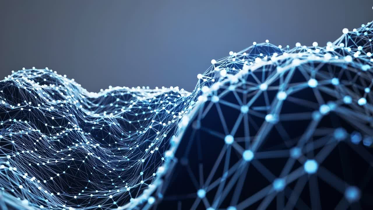 Abstract digital landscape with a low-angle view, showcasing a network of blue lines and nodes