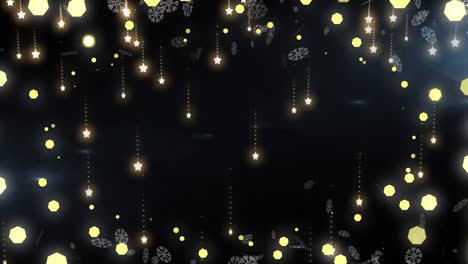 Animation-of-snow-falling-and-christmas-fairy-lights-flickering-over-black-background