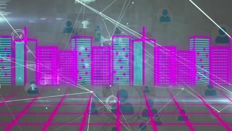 Animation-of-network-of-connections-and-3d-cityscape-over-grid