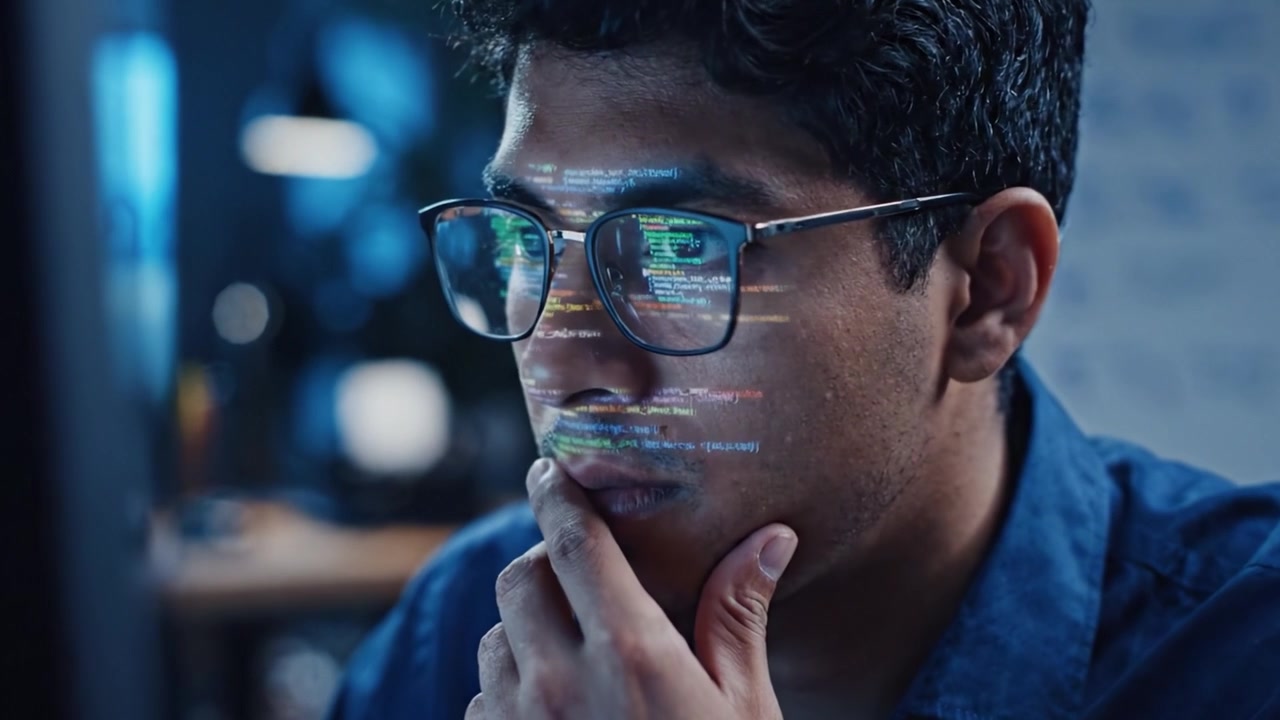 Focused Programmer Analyzing Code, Captivated by the Intricate Algorithms Reflected on His Glasses in a Dimly Lit Workspace