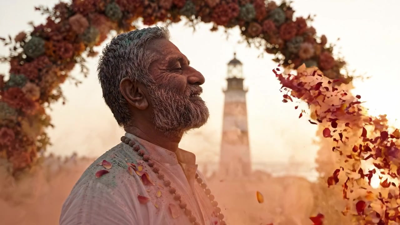 Anziano sereno sotto un arco floreale con un faro sullo sfondo, che cattura l'essenza della celebrazione e della riflessione tra colori tenui e un'atmosfera vibrante.