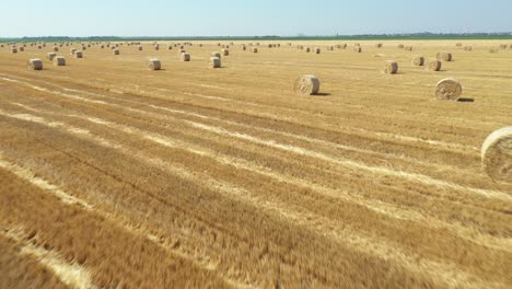 aerial view of field with lined straw bales on farm fields