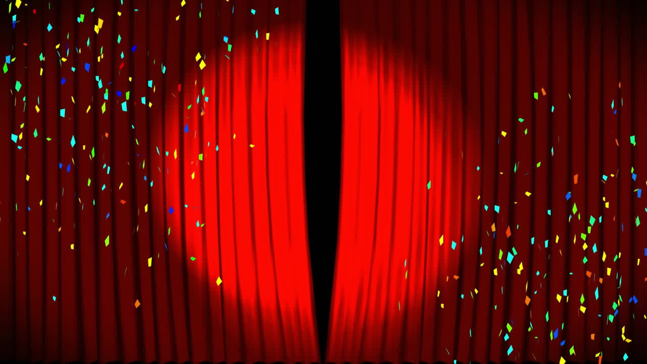 다채로운 콘페티가 떨어지고 빨간 커튼이 열리는 애니메이션