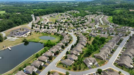 a large suburban housing development with winding roads and a small lake