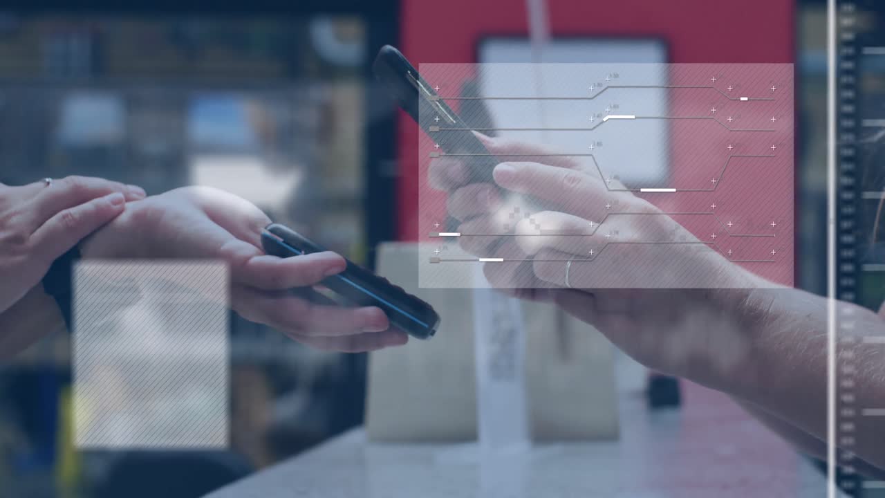 스마트폰을 사용하여 지불하는 여성에 대한 연결 및 데이터 처리의 애니메이션