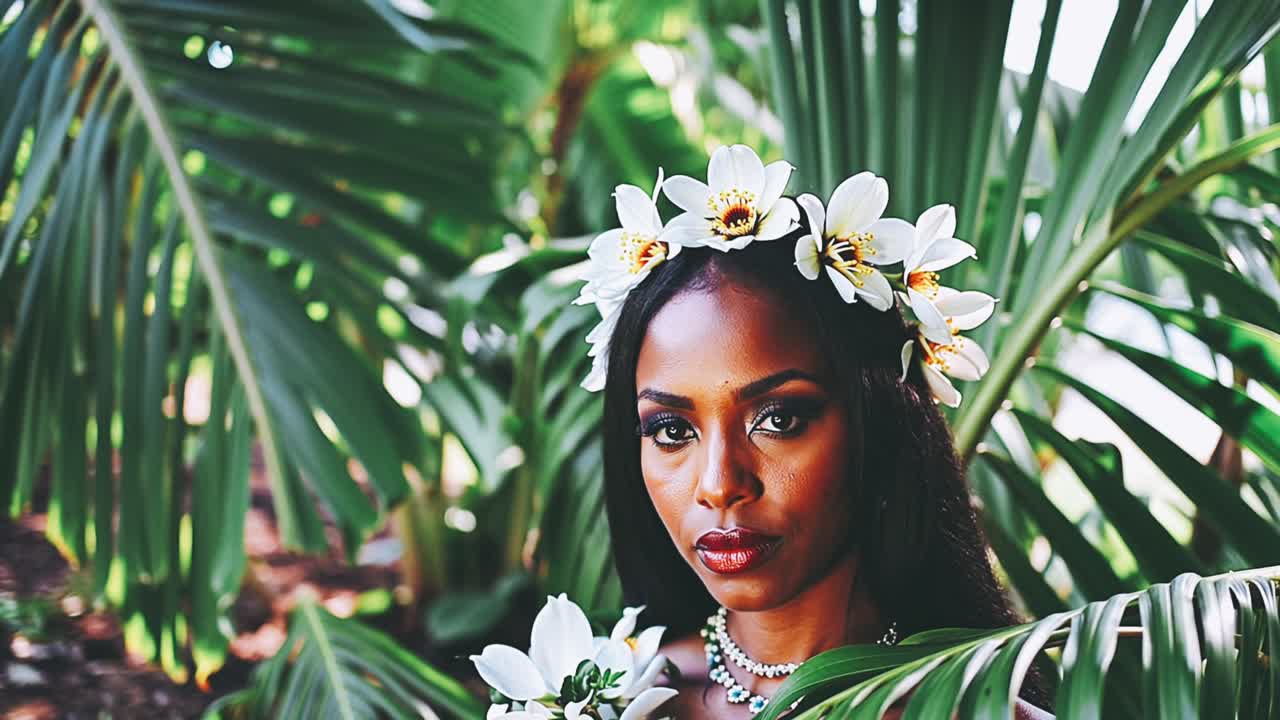 Kvinde med blomsterkrans i tropisk have
