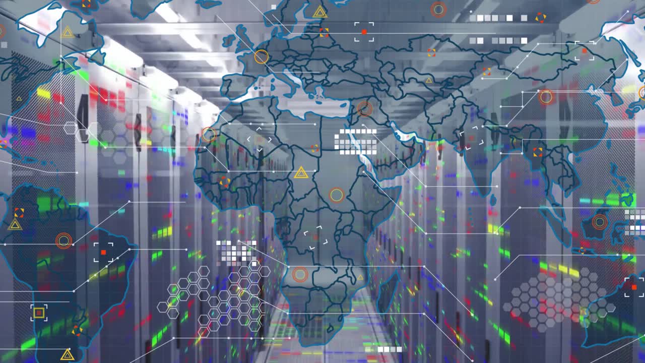 Animation of data processing and world map over computer servers