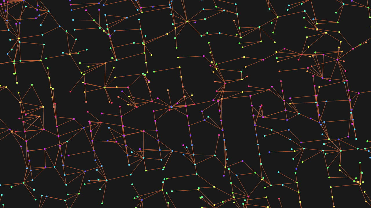 Monochromatic geometric design composed of interconnected circles forming lines and a grid of colored dots in shades of green, yellow, and orange, creating a visually striking pattern