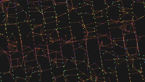 monochromatic geometric design composed of interconnected circles forming lines and a grid of colored dots in shades of green, yellow, and orange, creating a visually striking pattern