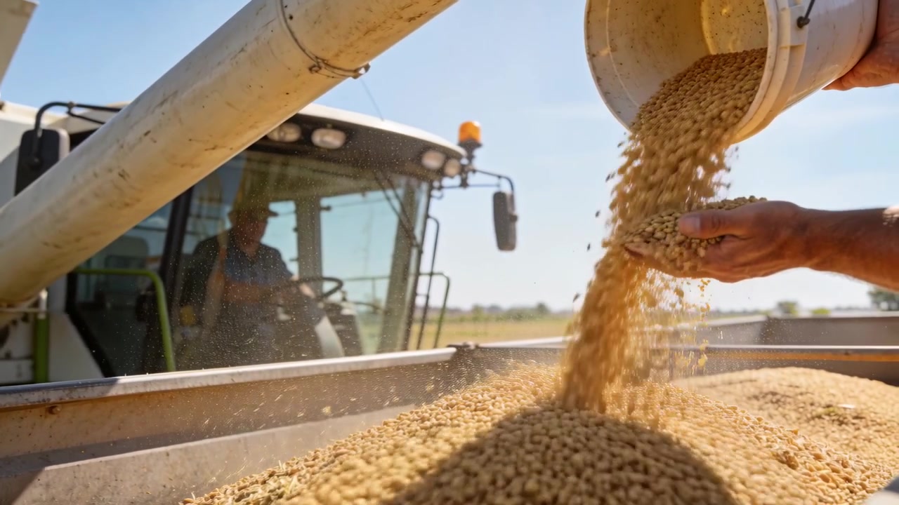 Tilting man in Tshirt pouring grain from white bucket into trailer near combine loading, copy space