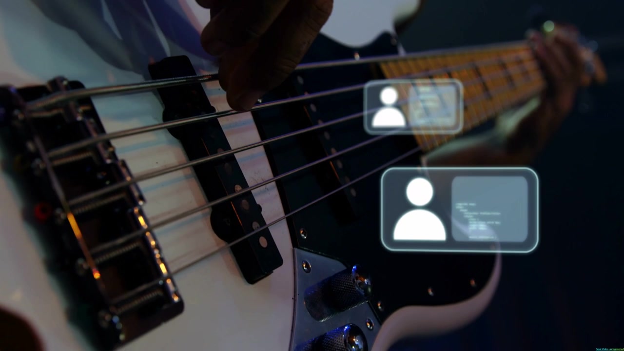Male musician plucking bass while UI avatars fading in over bridge, resizing, showing contact sync