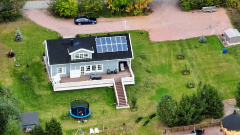 telephoto drone shot around a solar powered, family house on the countryside
