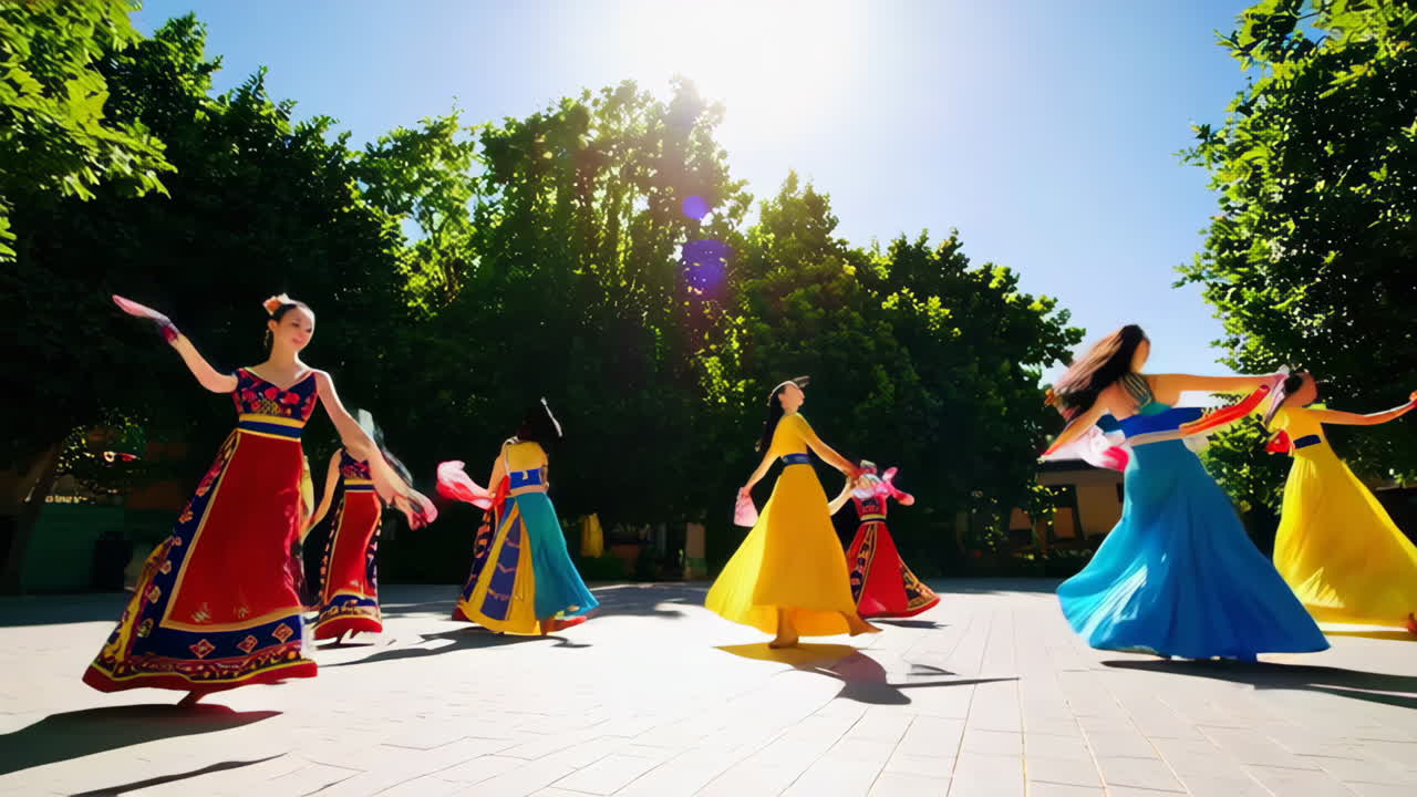 Girls in Traditional Colorful Costumes Performing a Circle Dance