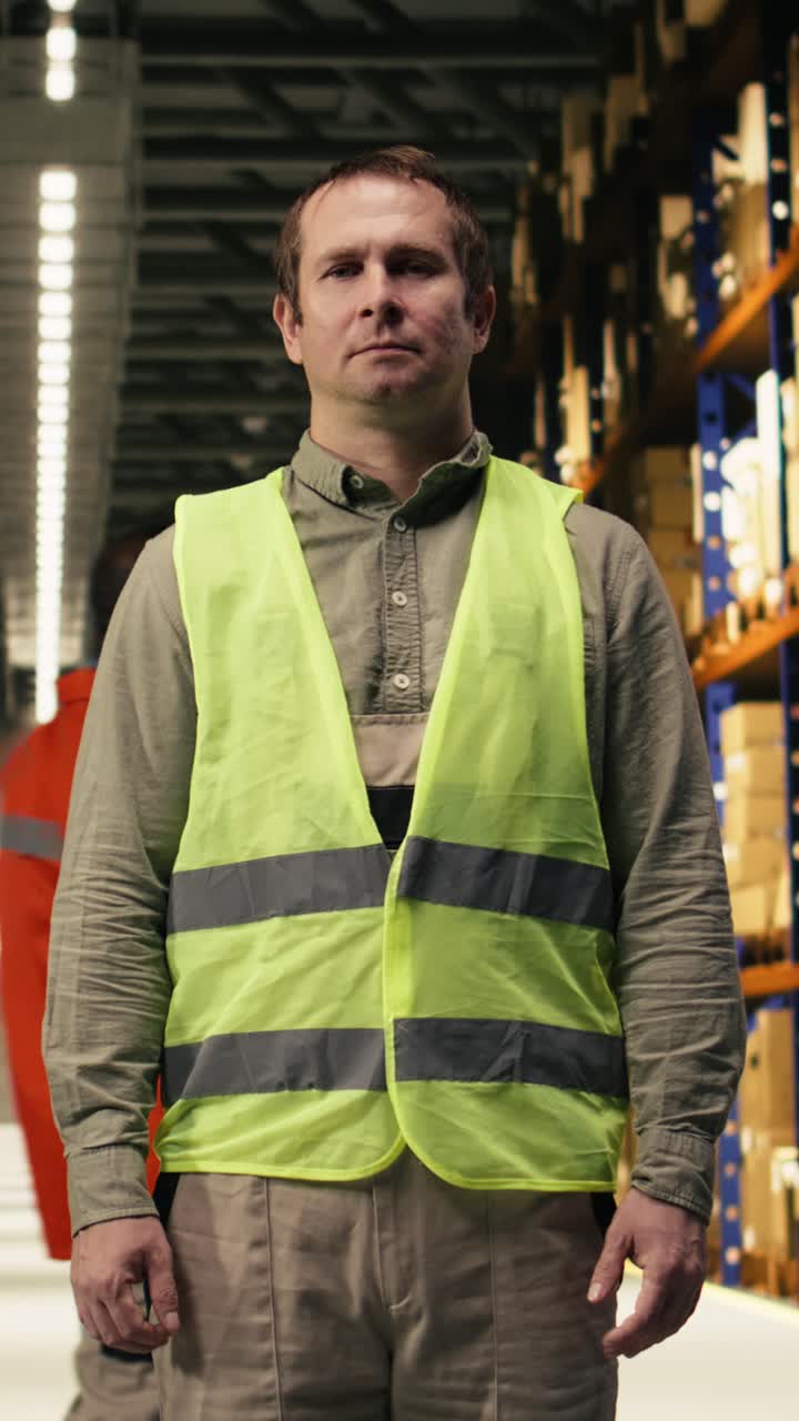 Video vertical: Retrato de un miembro del personal supervisando la carga en un centro logístico de almacén.