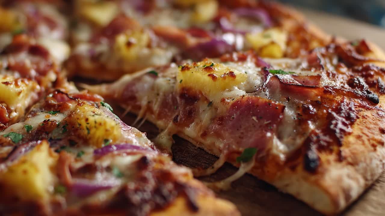 Formaggio fuso e condimenti deliziosi su fette di pizza: uno sguardo ravvicinato a una prelibatezza acquolina in bocca con ananas, prosciutto e erbe fresche.