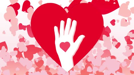 animación del icono de la mano y los corazones sobre fondo blanco.