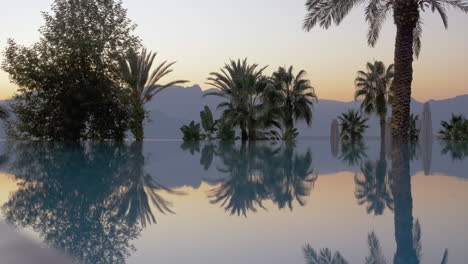 Paisaje-Con-Piscina-Brillante-Palmeras-Y-Montañas-Brumosas