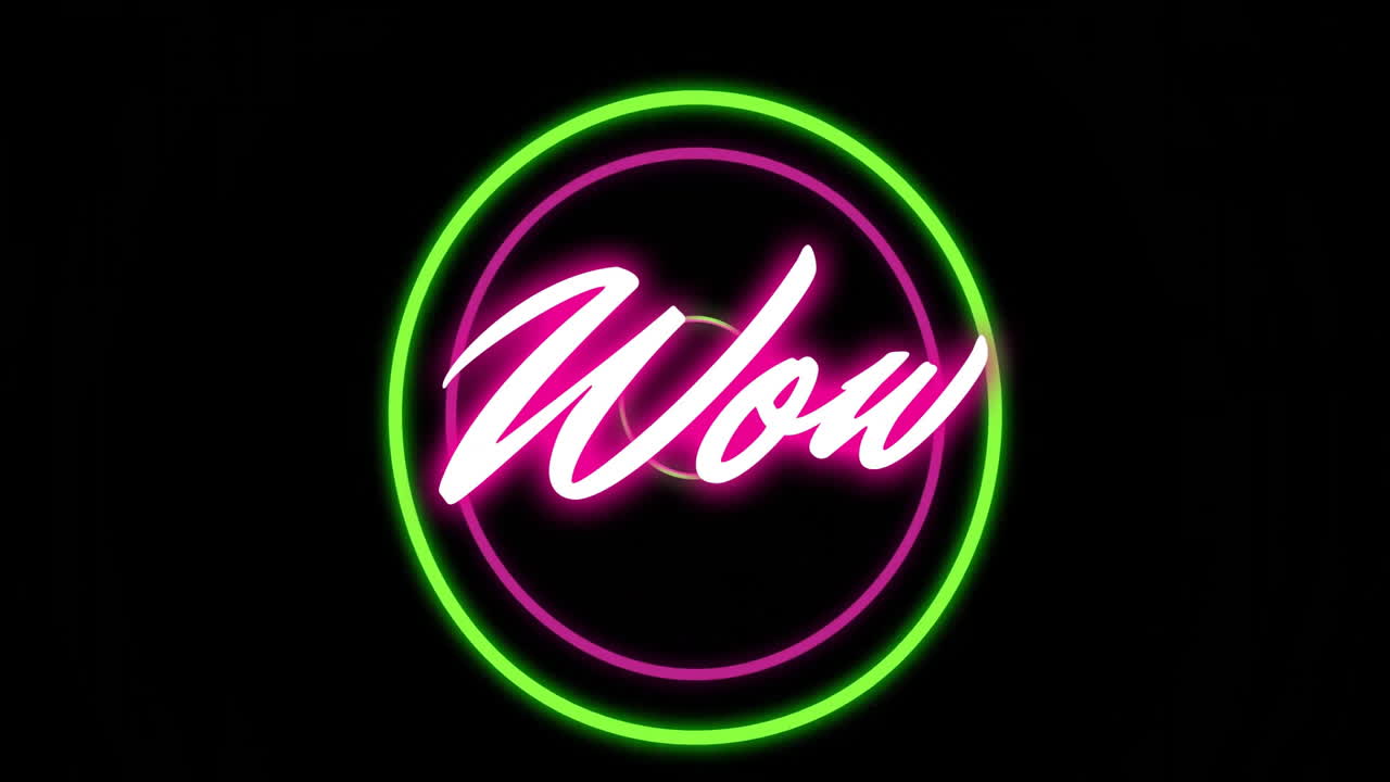 Glowing neon pink Wow text with green circle accent on black background