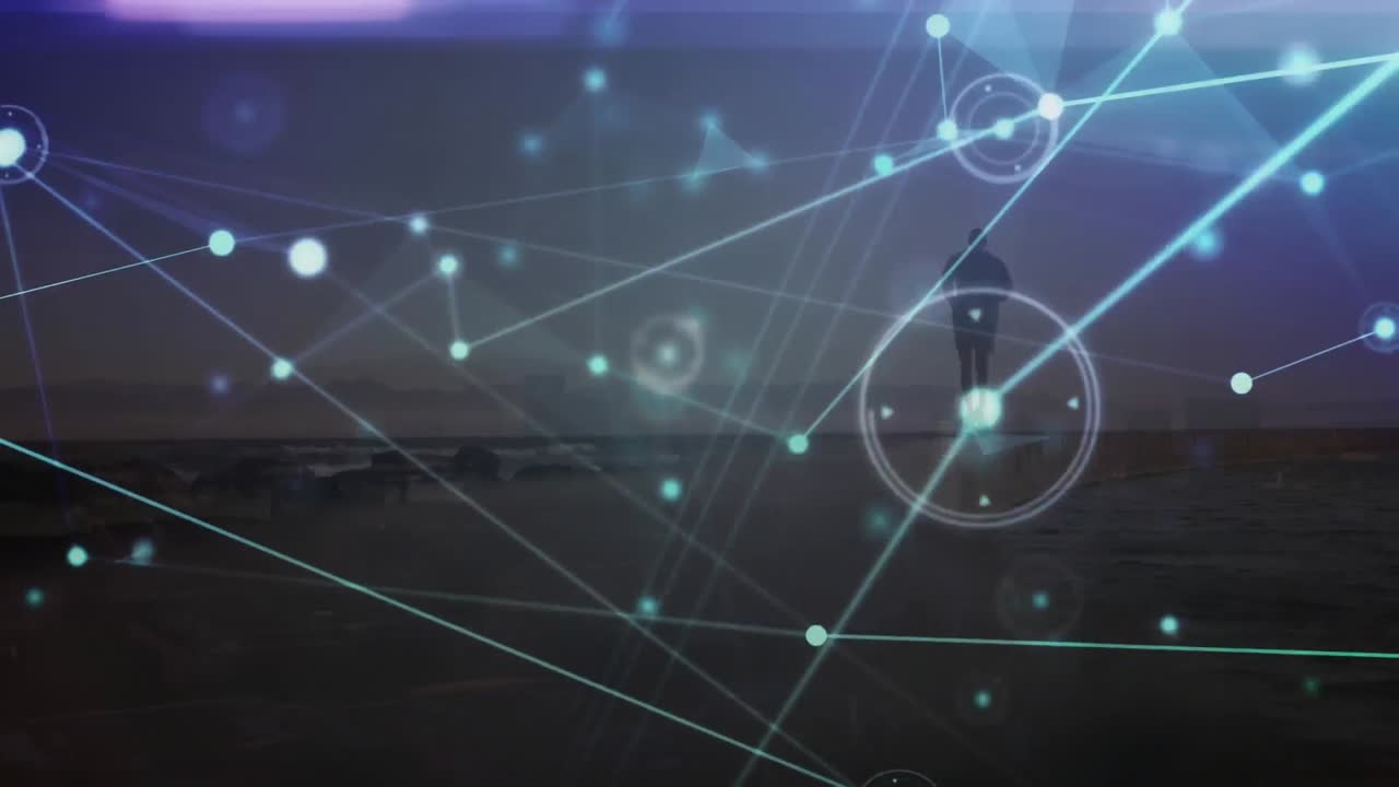 animación de una red de conexiones sobre un hombre afroamericano corriendo en la playa