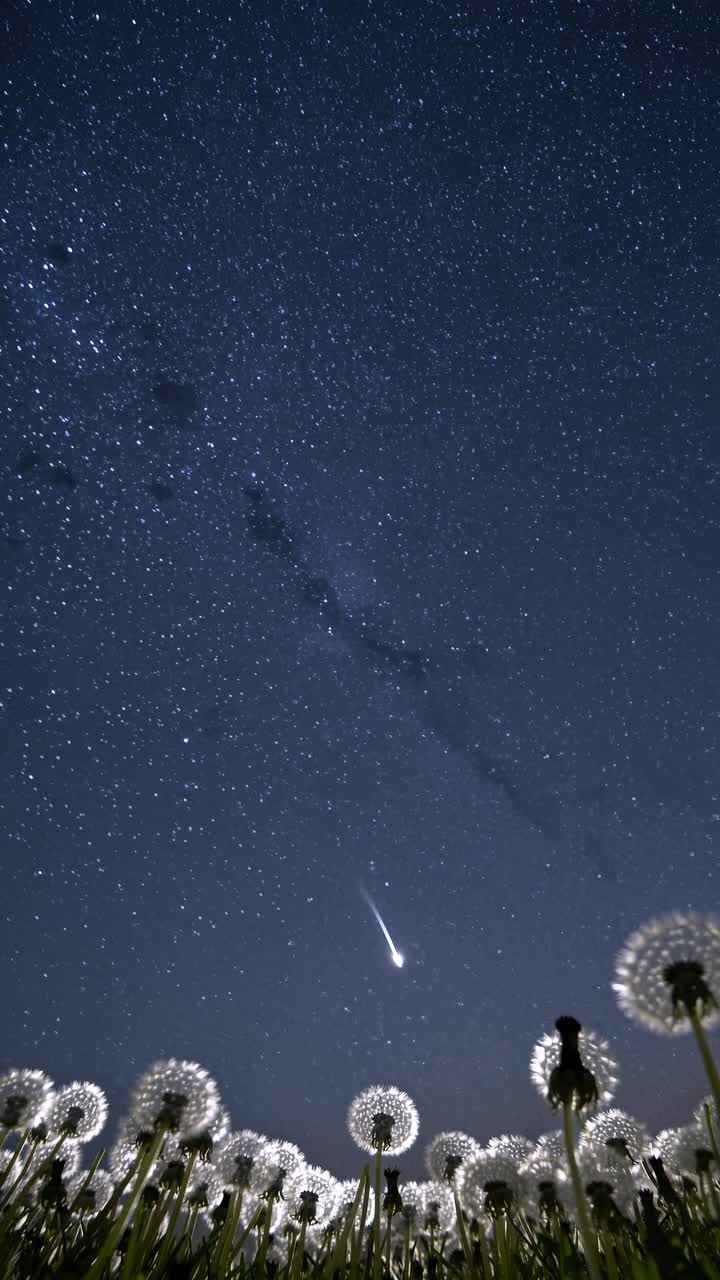 Fotogramma video inquadrato dal basso che cattura un cielo notturno stellato con una stella cadente sopra, illuminato.